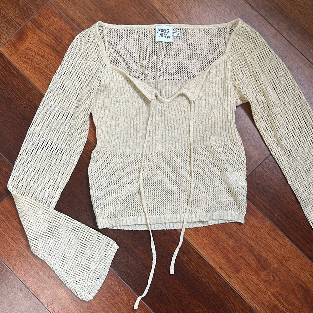 Princess Polly Cream Knit Tie-Front Top Size 6 – Long Sleeve Crochet Sweater - Picture 2 of 7